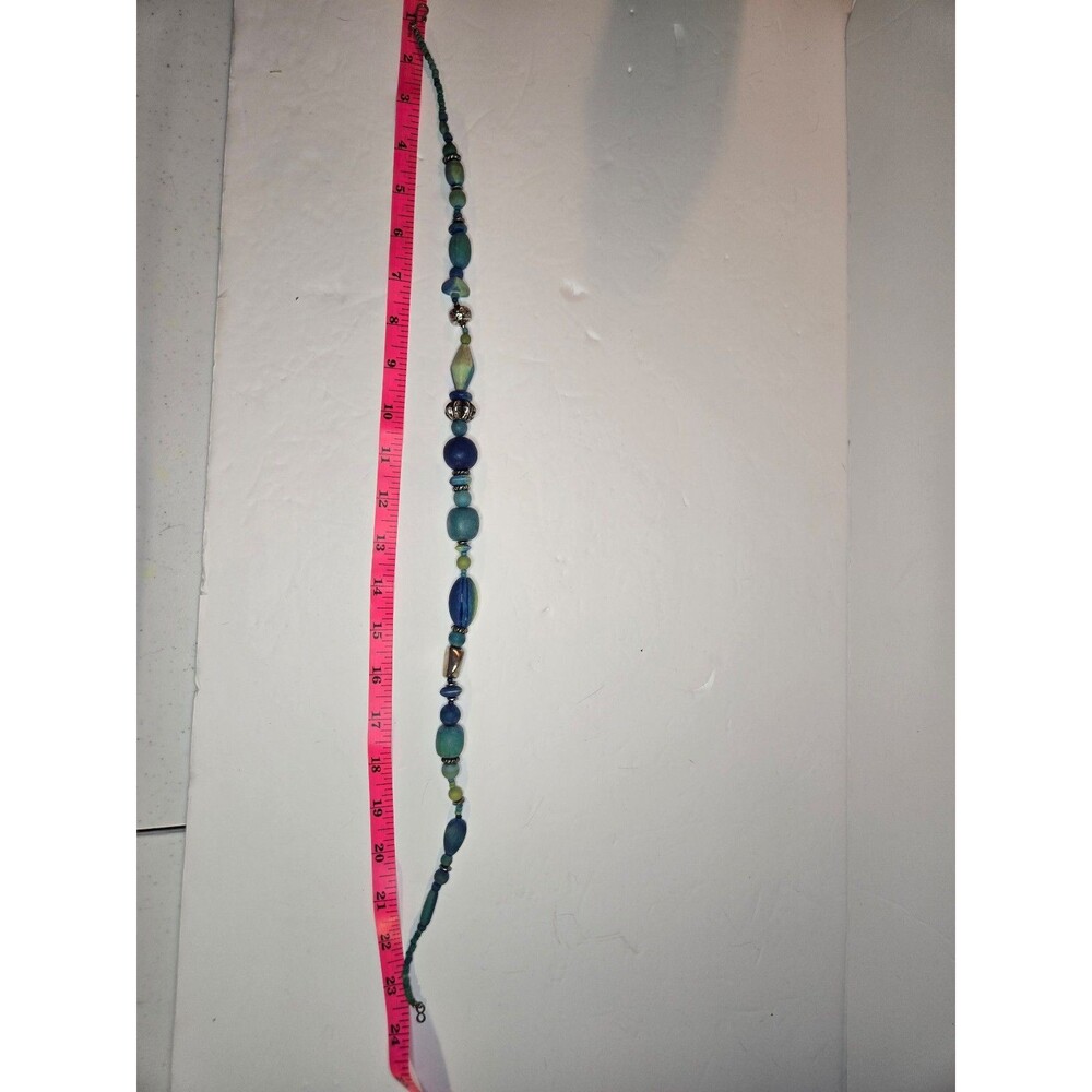Colorful Beaded Necklace with Silver Tone Hook Closure Blues Greens - Picture 6 of 6
